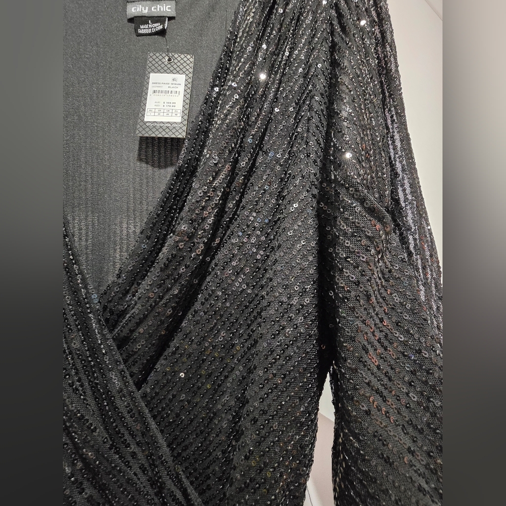City Chic Black Sequin Paige Faux Wrap Cocktail Dress, NWT Sz L/20 - Picture 10 of 12